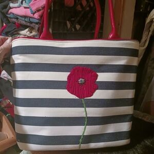 Bath & Body Works Navy Striped Tote with Red Flower